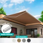 conoce nuestros toldos proyectantes monobloc y las opciones de tela que tenemos disponibles