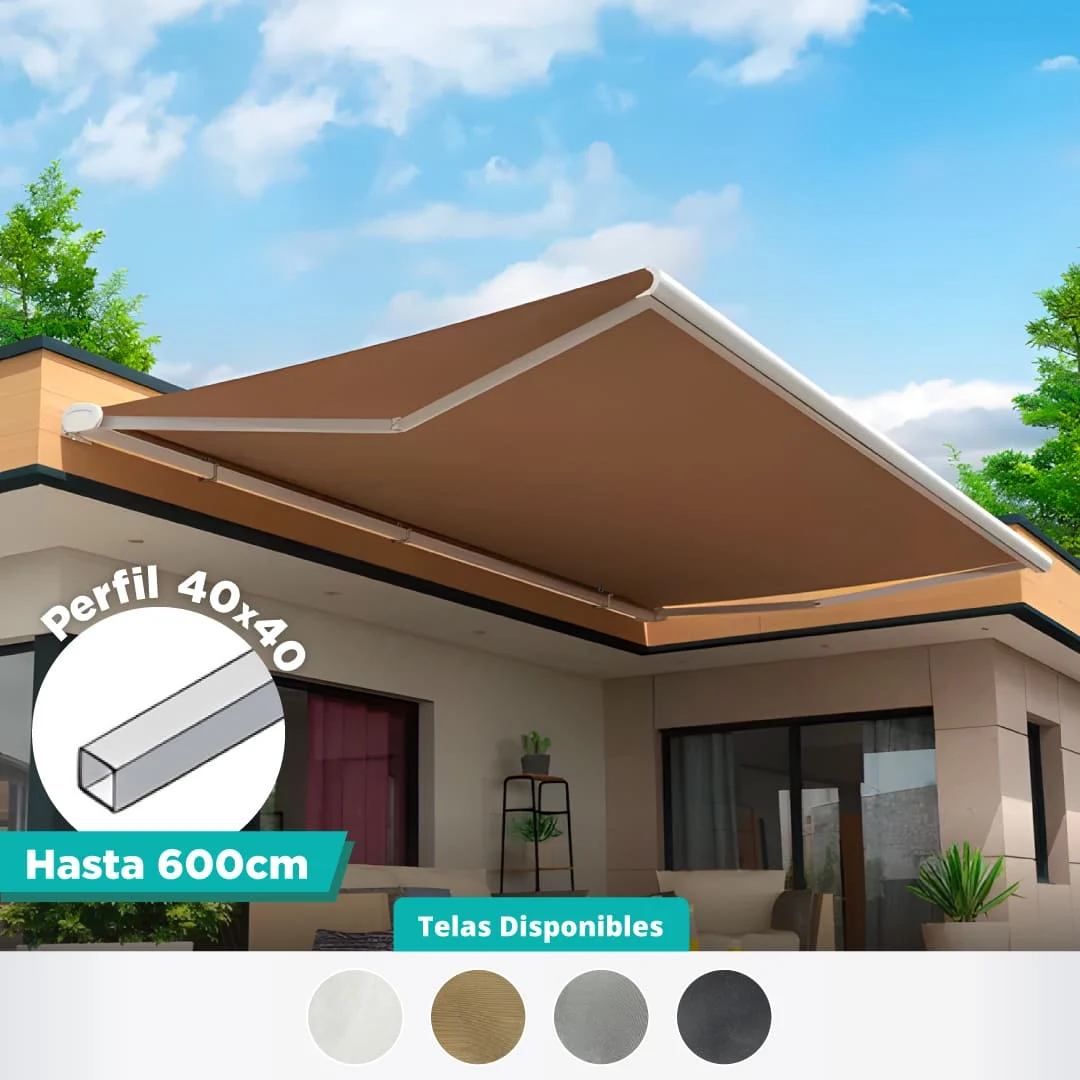 conoce nuestros toldos proyectantes monobloc y las opciones de tela que tenemos disponibles