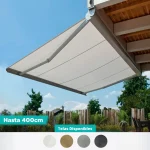 conoce nuestros toldos proyectantes y las opciones de tela que tenemos disponibles